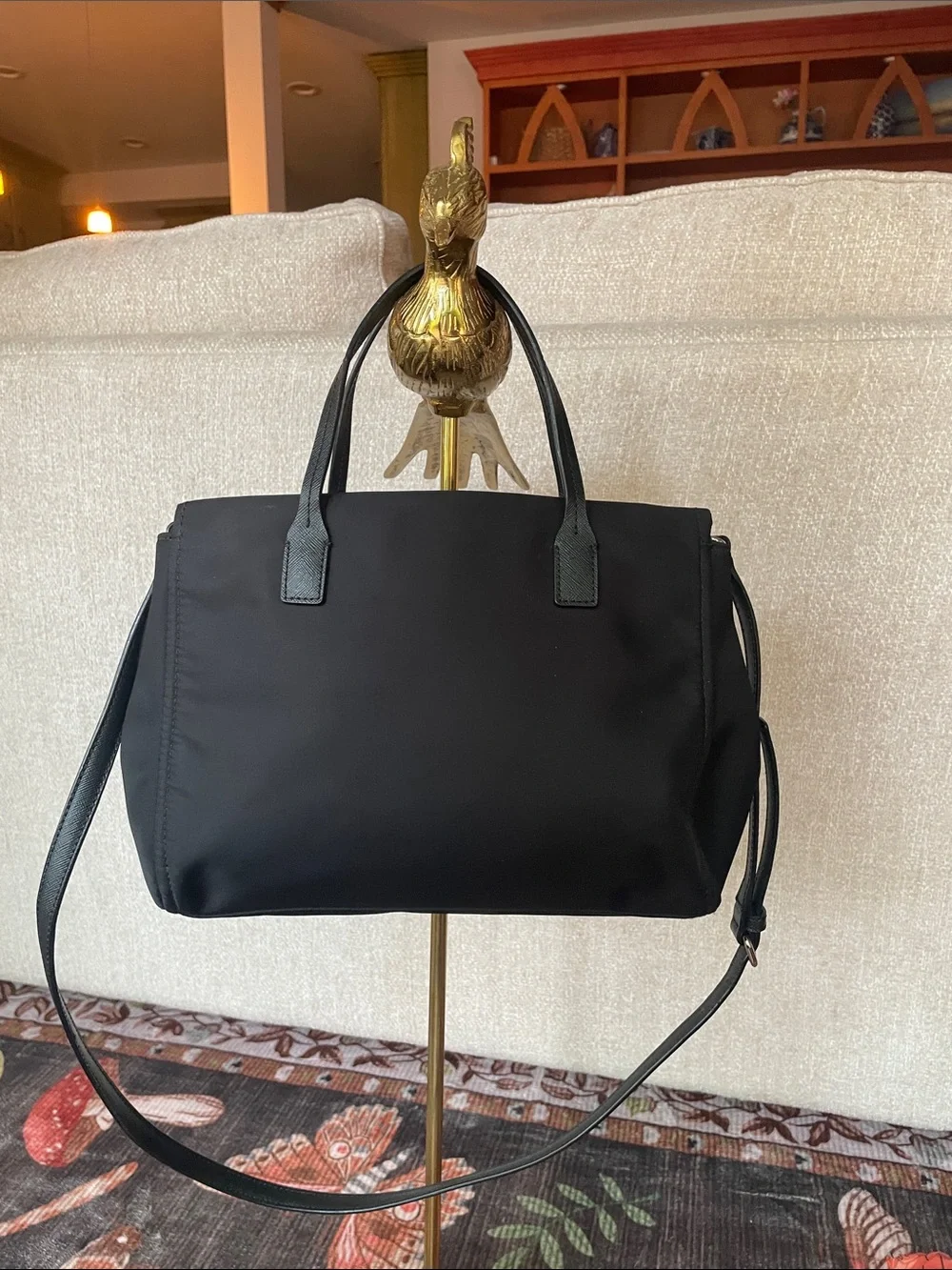 Kate Spade Black Nylon Satchel Bag with Gold Plaque Crossbody Strap EUC